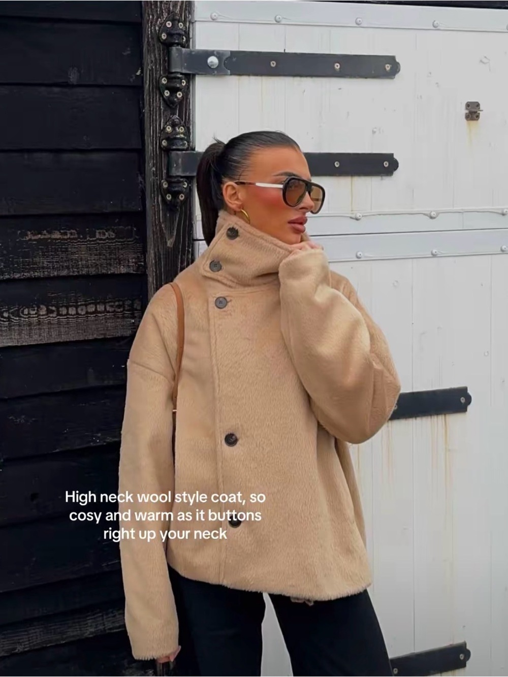 Cider WOOL-LOOK FUNNEL NECK LONG SLEEVE OVERSIZED JACKET